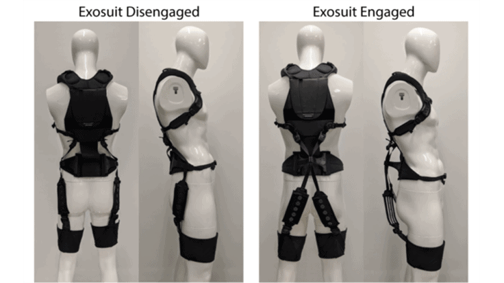 Photos of the extensible exosuit prototype in disengaged mode (two photos on the left), and in engaged mode (two photos on the right).