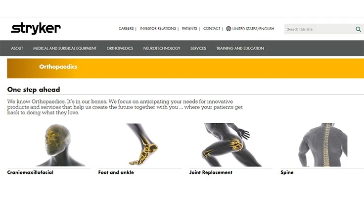 Screenshot of Stryker.com website