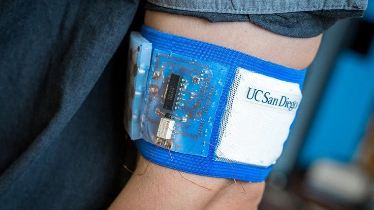 Prototype of the cooling and heating patch embedded in a mesh armband.