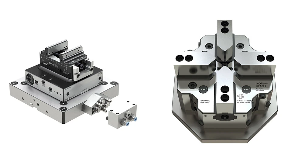 LEFT: SOLIDPoint Pneumatic Coupler; RIGHT: INOFlex VF-A hydraulic 4-jaw chuck