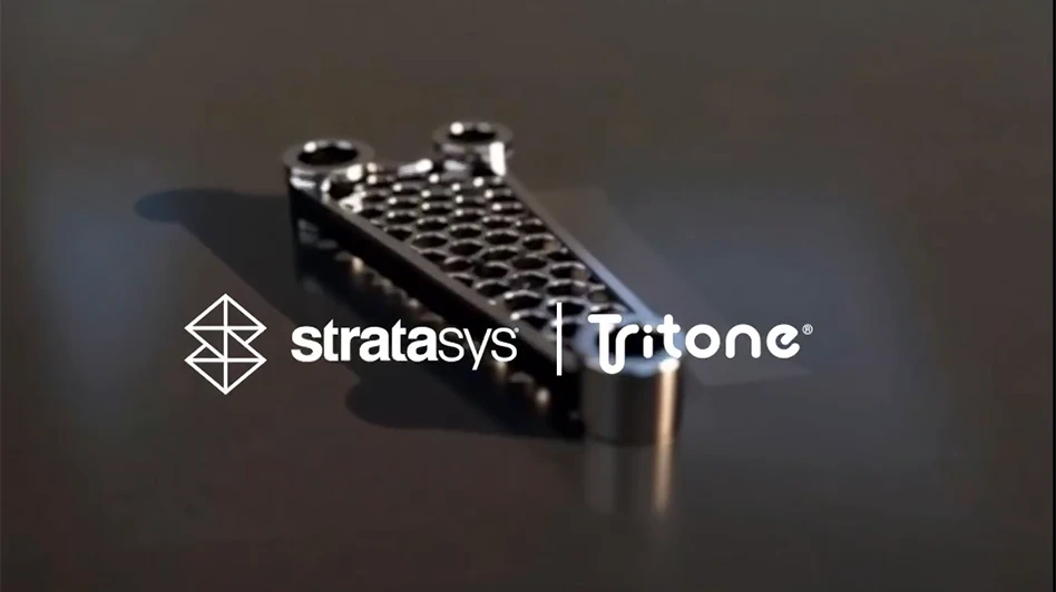 Additively manufactured part with the Stratasys and tritone logos over the part