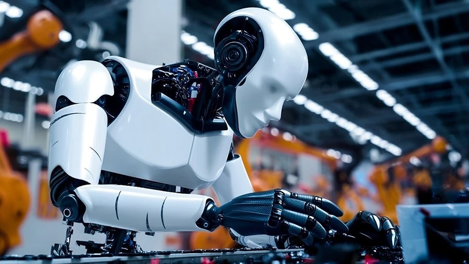 A humanoid robot leaning over a manufacturing operation