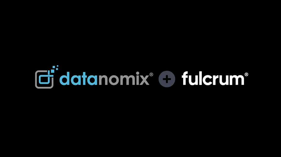 Black background with words Datanomix and fulcrum on it with their logos