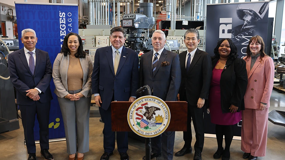 A group of people standing behind a podium
